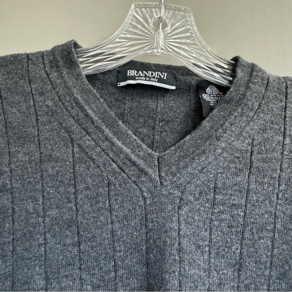 Brandini Sweater Men's Large Dark Gray V-Neck Ribbed 100% Merino Wool Pullover
